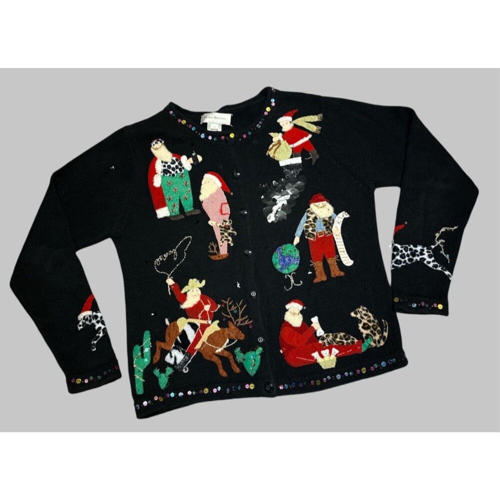 Christmas Sweater Santa Claus Susan Bristol Sz M Cowboy Pajamas Embellished VTG